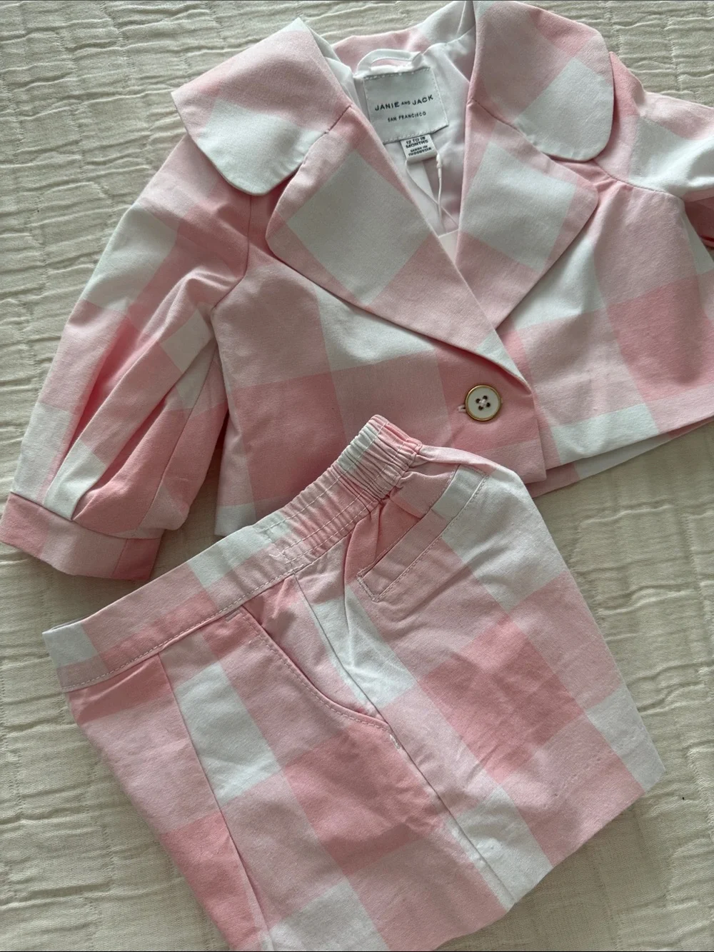 Janie & Jack NWT 2 Pc Gingham Jacket & Shorts - Pink/White, Size  12-18 months